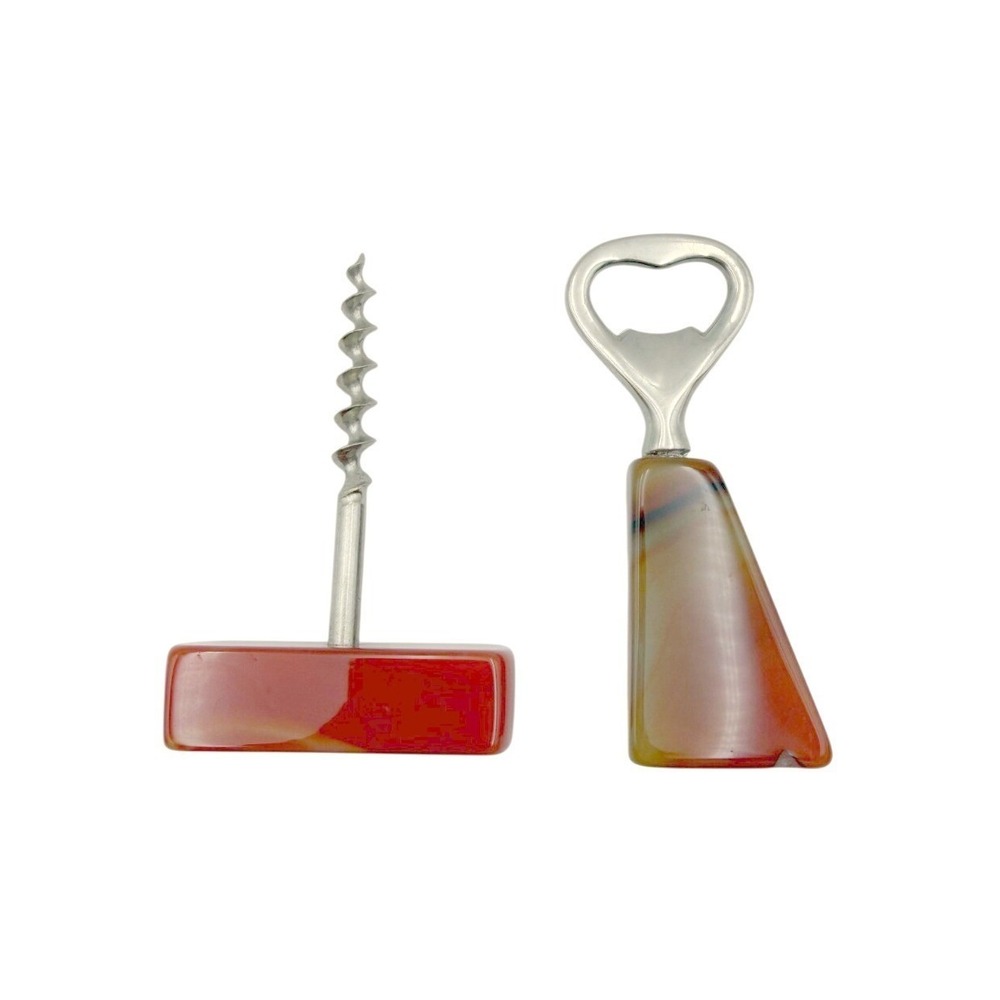 VTG‎ Genuine Red Carnelian Agate Handle Corkscrew & Bottle Opener Bar Tool Set